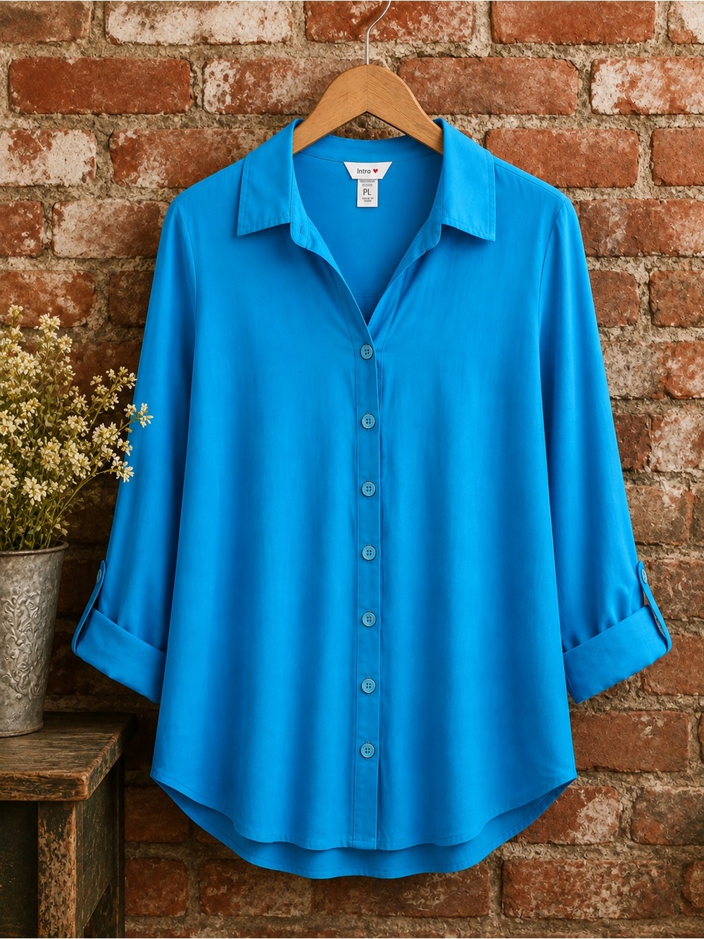 NWT Intro Love the Fit Petite Button Front Blouse – Petite XL – Turquoise Blue